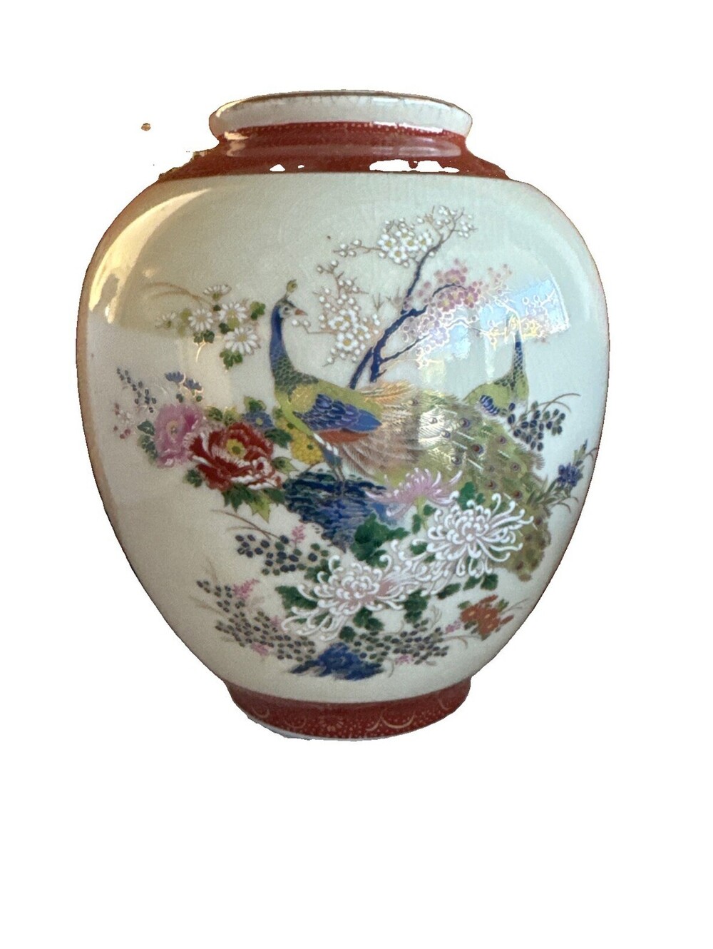 Japanese Satsuma porcelain vase with peacocks and floral motifs 7.5 “ T 6” W